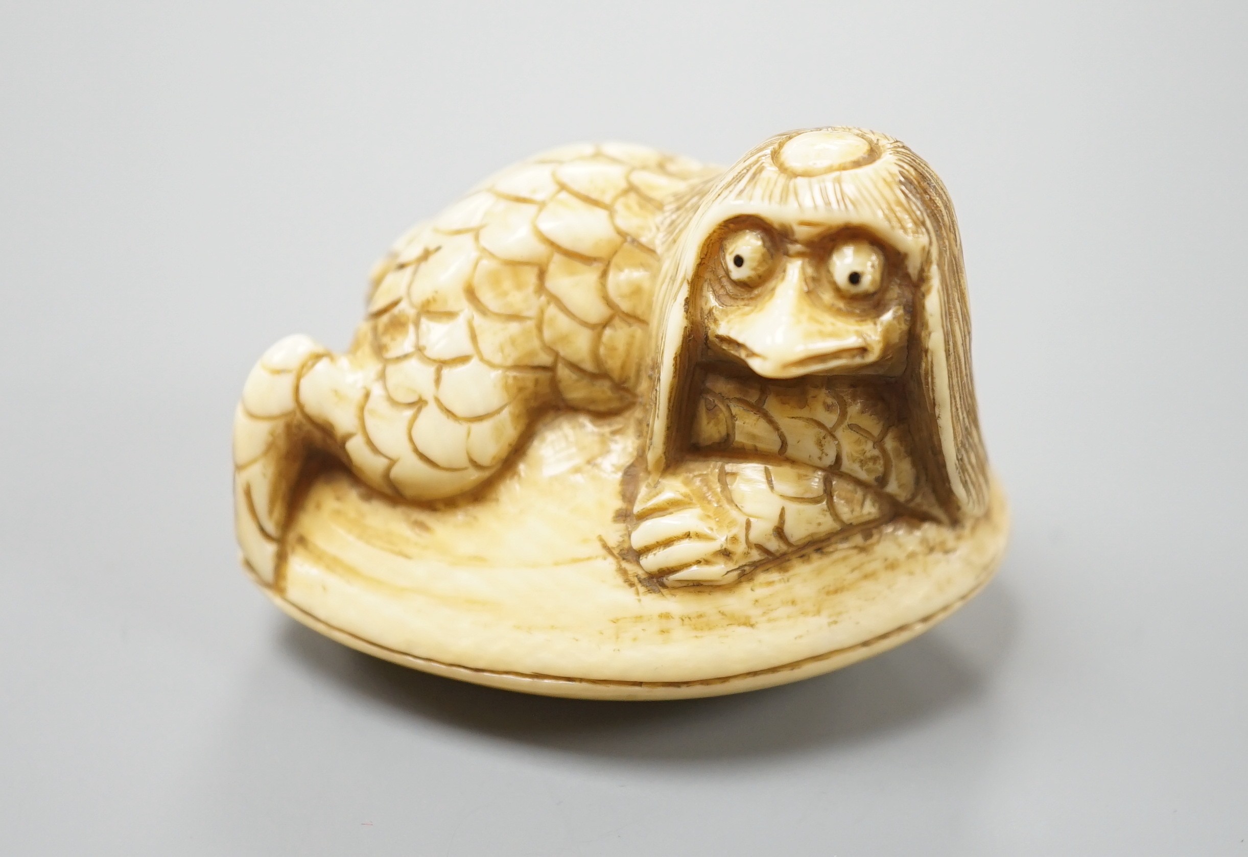 A Japanese ivory netsuke of a kappa on a clam shell, signed Gyokuzan, Meiji period, 4.8cm